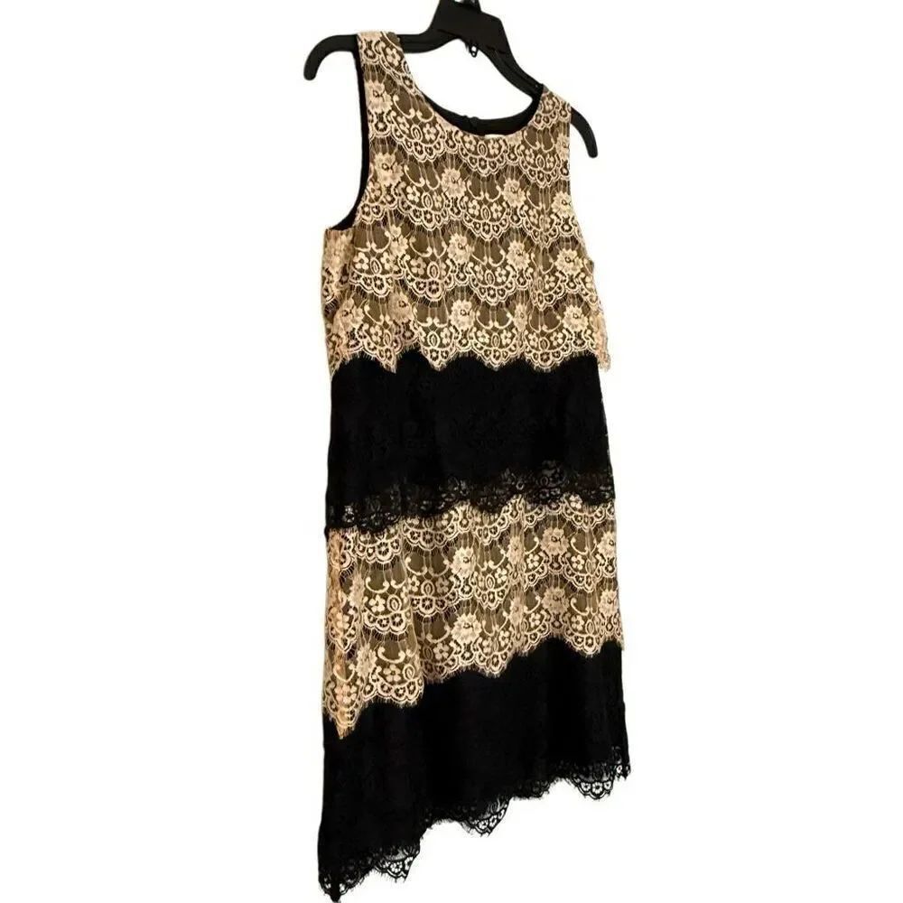 Jessica Simpson Layered Lace Sleeveless Scalloped Nude Black Shift Dress Size 4 - Picture 4 of 7